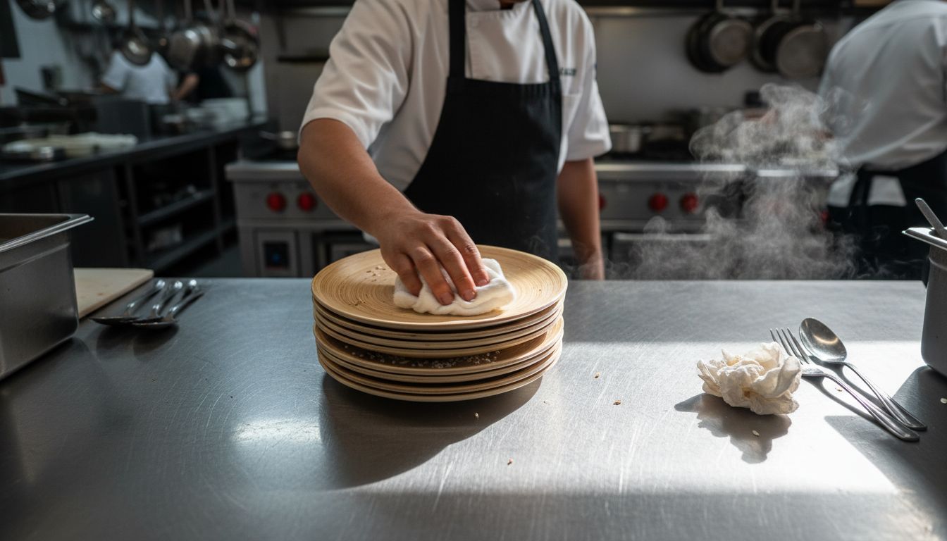 Bamboo plates stacked in restaurant kitchen