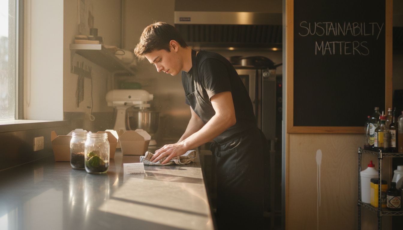 Line cook cleaning in eco-friendly kitchen