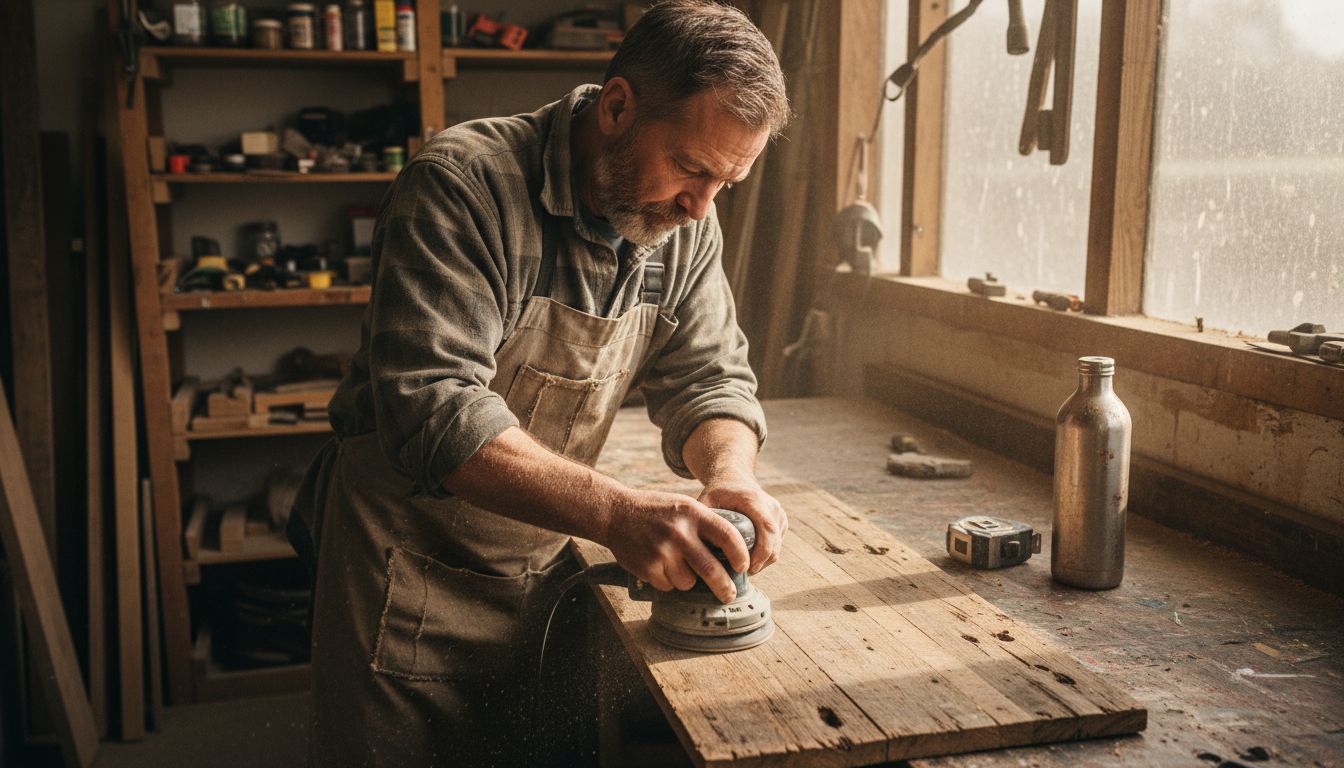 Carpenter refinishing reclaimed wood panel