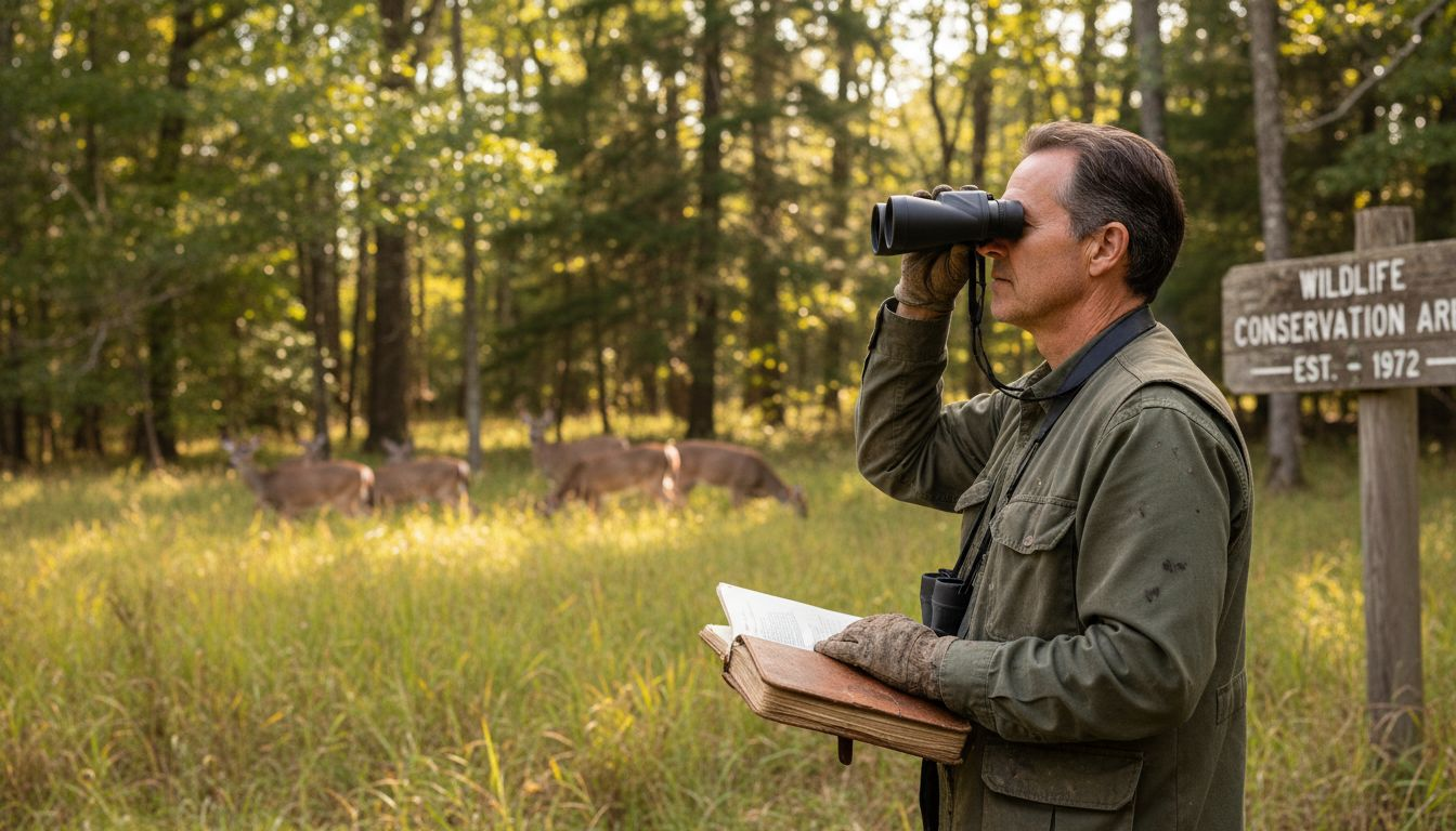 Wildlife manager observing deer at forest edge