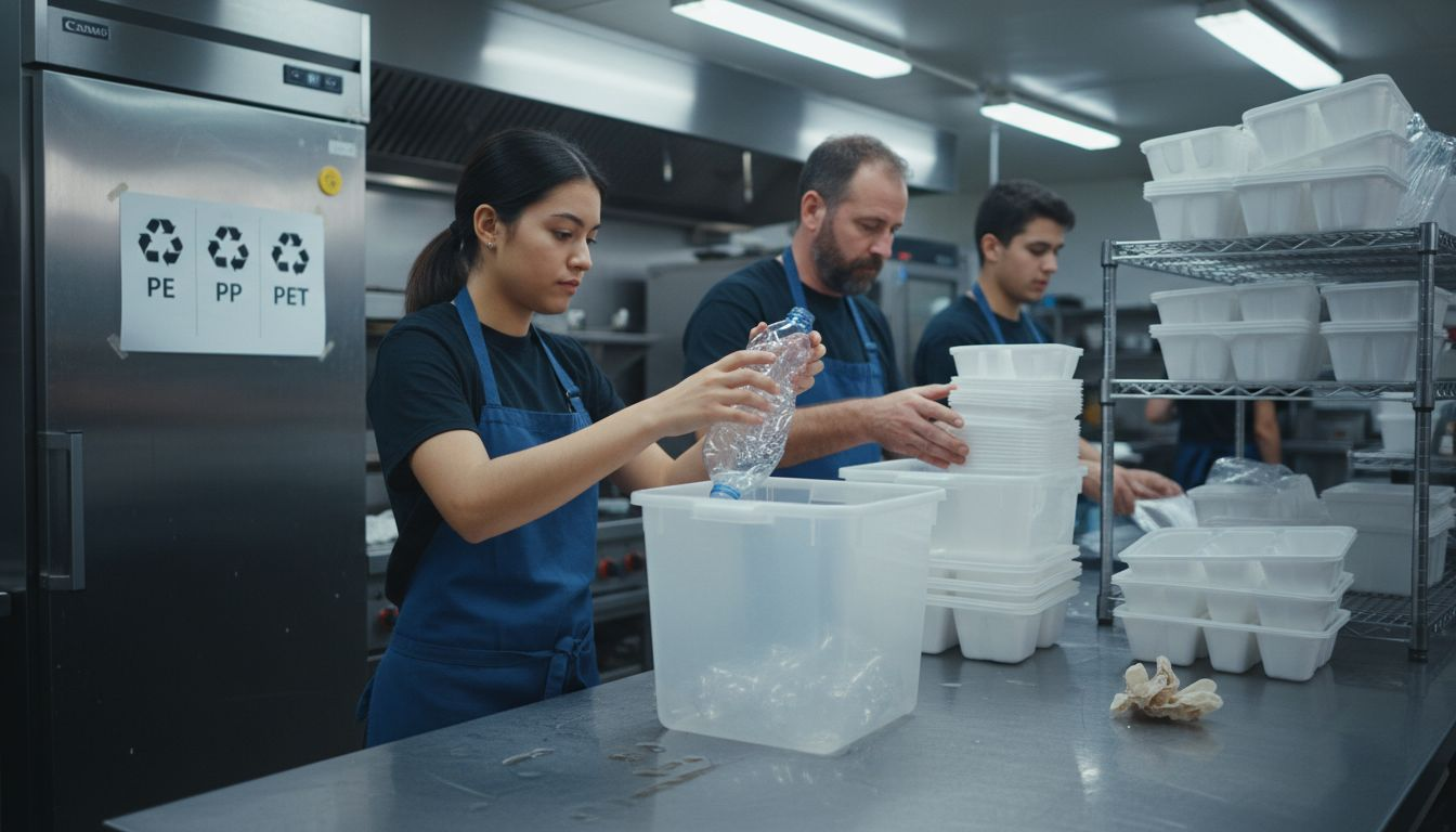 Workers sorting plastic packaging types
