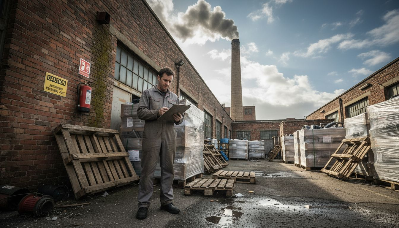 Plastic factory worker with emission smoke