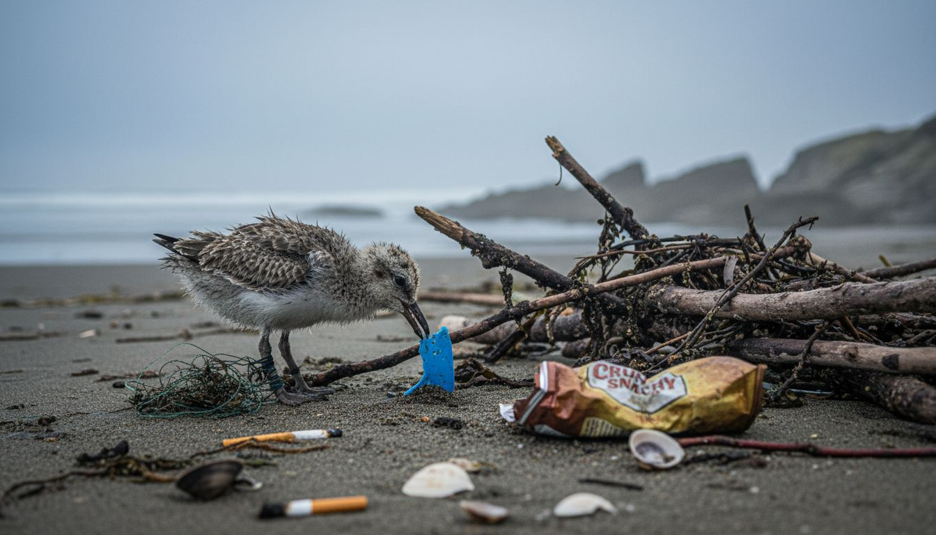 Seabird pecking plastic on polluted shore