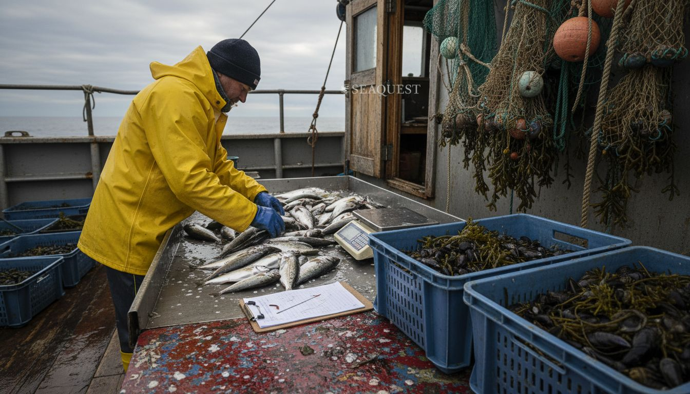 Fisher sorting fish on fishing trawler deck