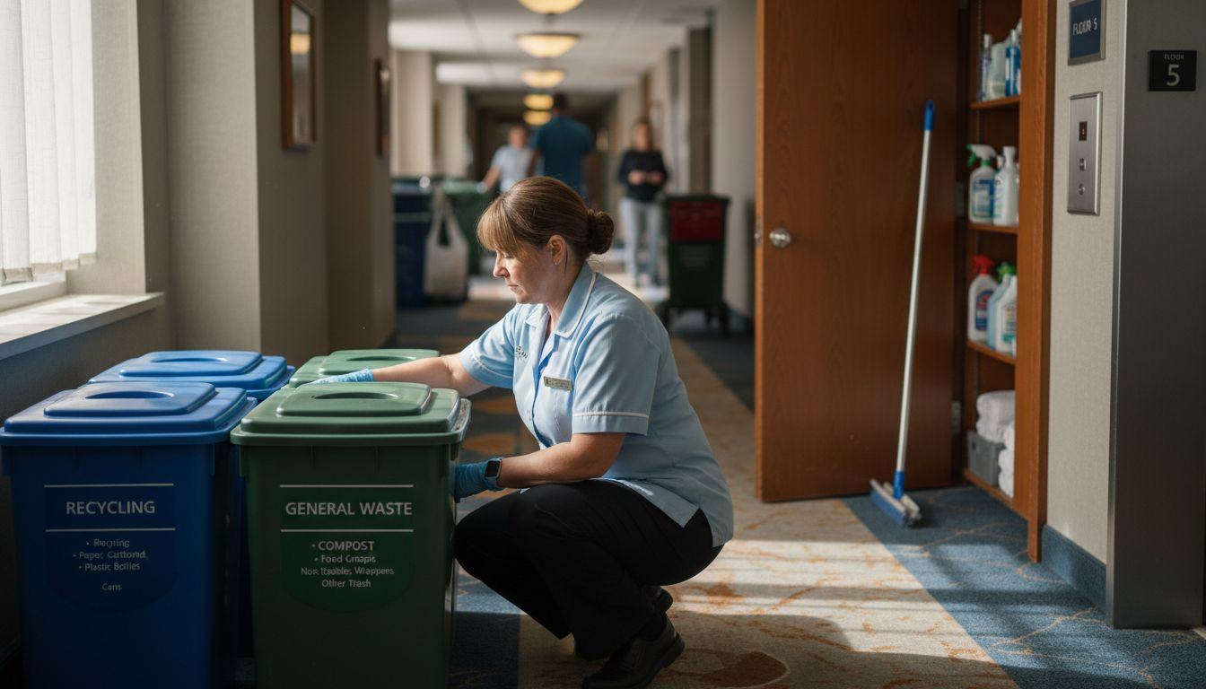 Hotel supervisor organizing waste reduction bins