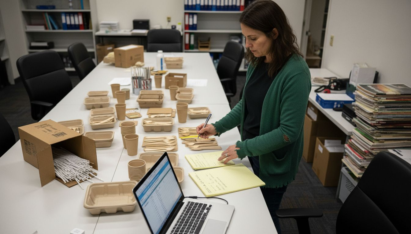 Manager reviewing eco product samples for hotel