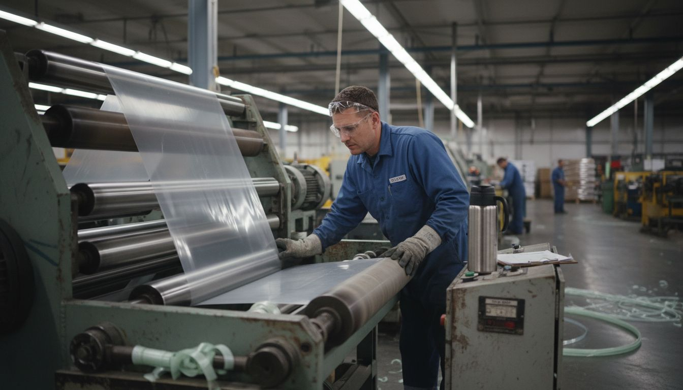 Technician inspecting bioplastic at production line