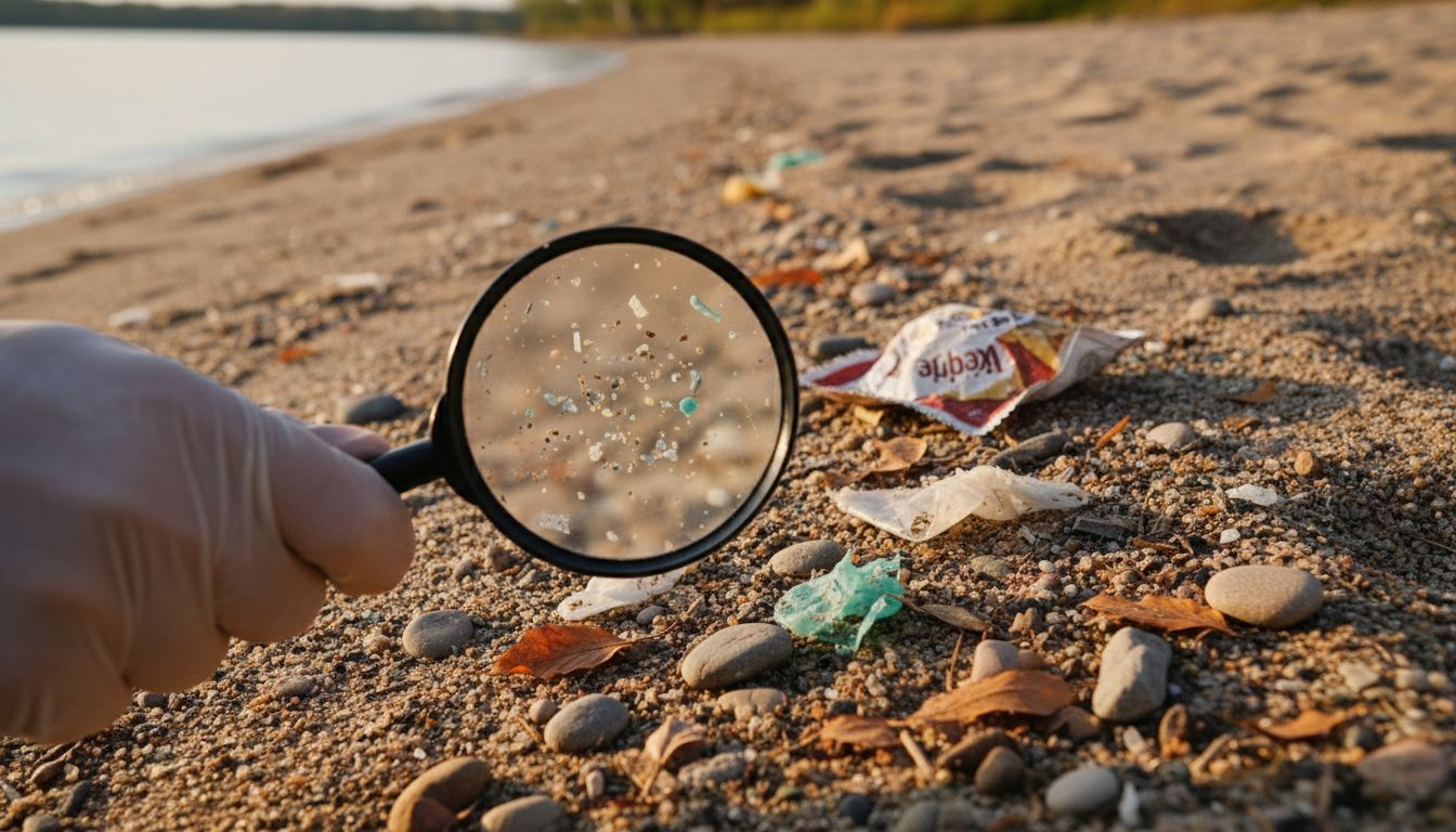 Microplastics and litter on lakeshore sand