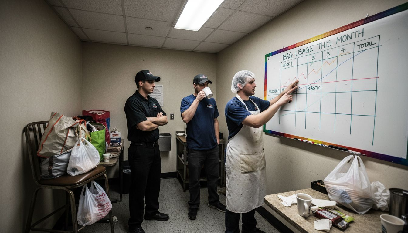 Staff reviewing reusable bag training chart