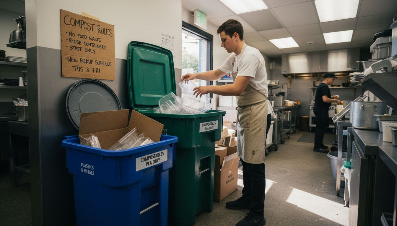 PLA containers and composting bin in kitchen