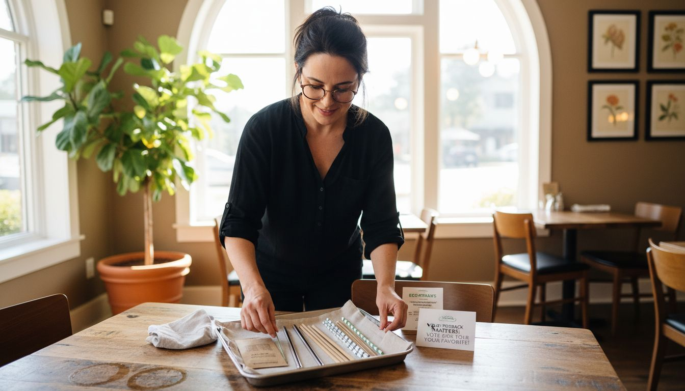 Manager displaying reusable straw options