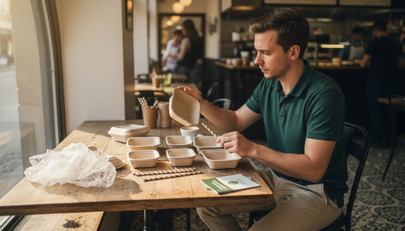 Reviewing sustainable packaging samples in restaurant