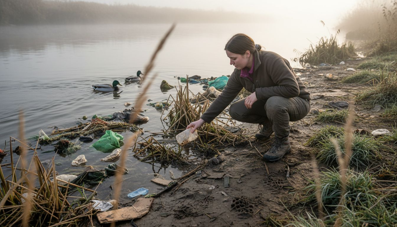 Plastic debris polluting riverbank ecosystem