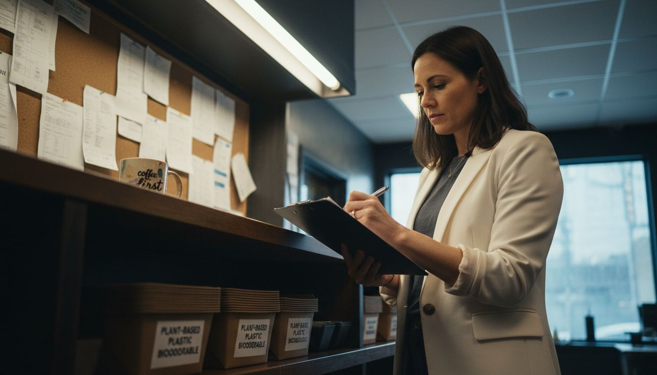 Manager checking plant-based plastic packaging stock