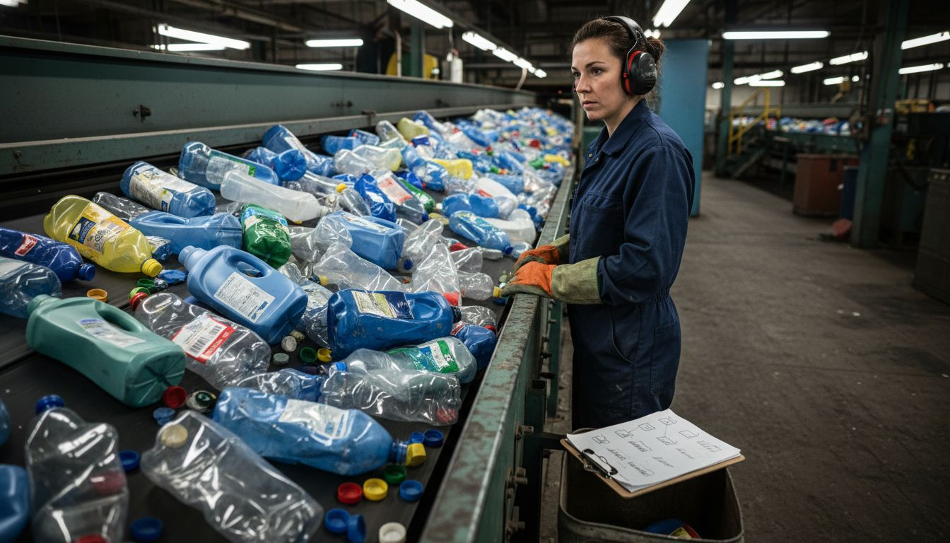 Recycling facility worker sorting mixed plastics