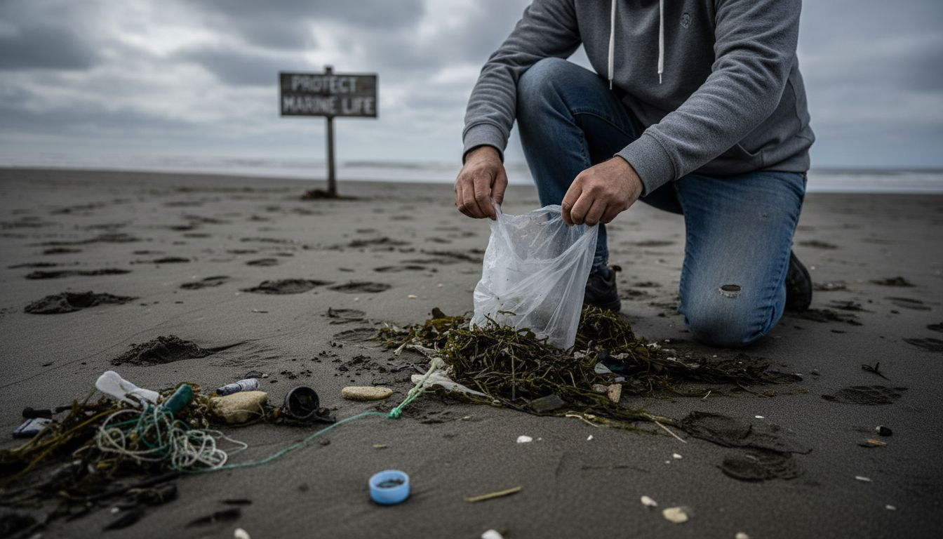 Person removing plastic from sandy beach