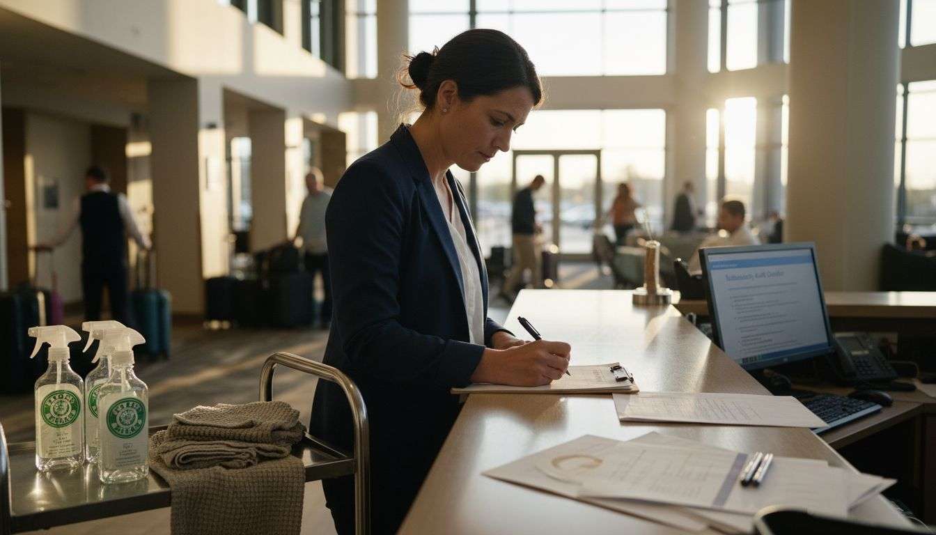 Hotel manager performing sustainability audit at desk