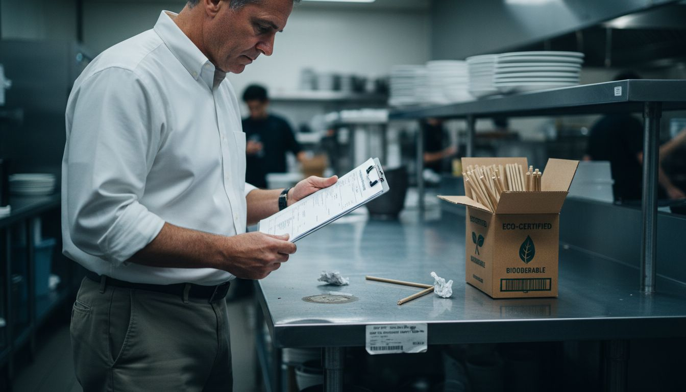 Manager checking eco straw certification label