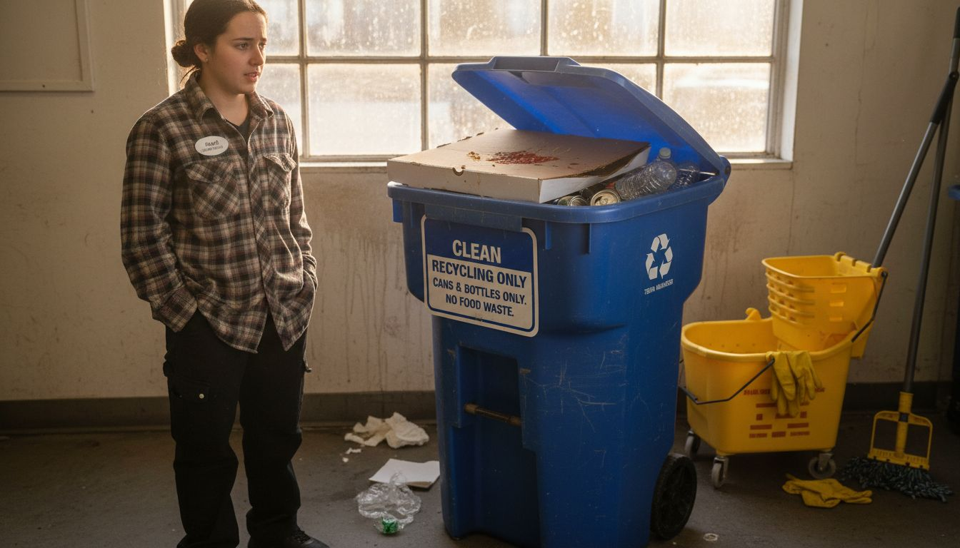 Worker beside recycling bin with sorting