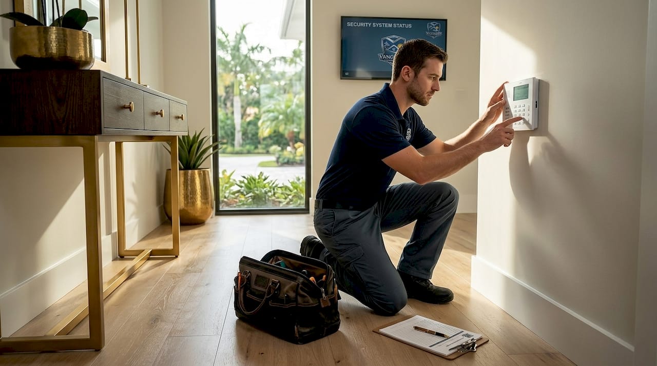 North Naples Property Oversight Service Types Explained Technician maintaining home security system