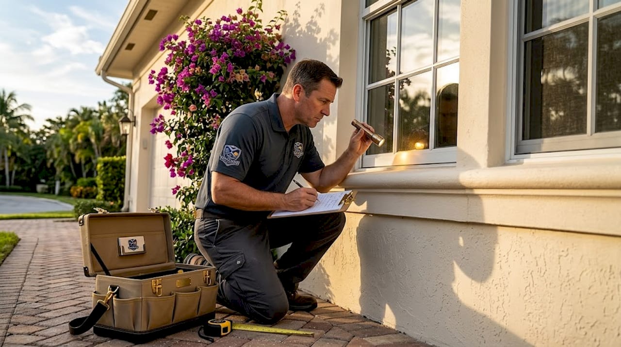 Hurricane Preparedness Checklist for Naples Homeowners Contractor inspects window for hurricane preparedness