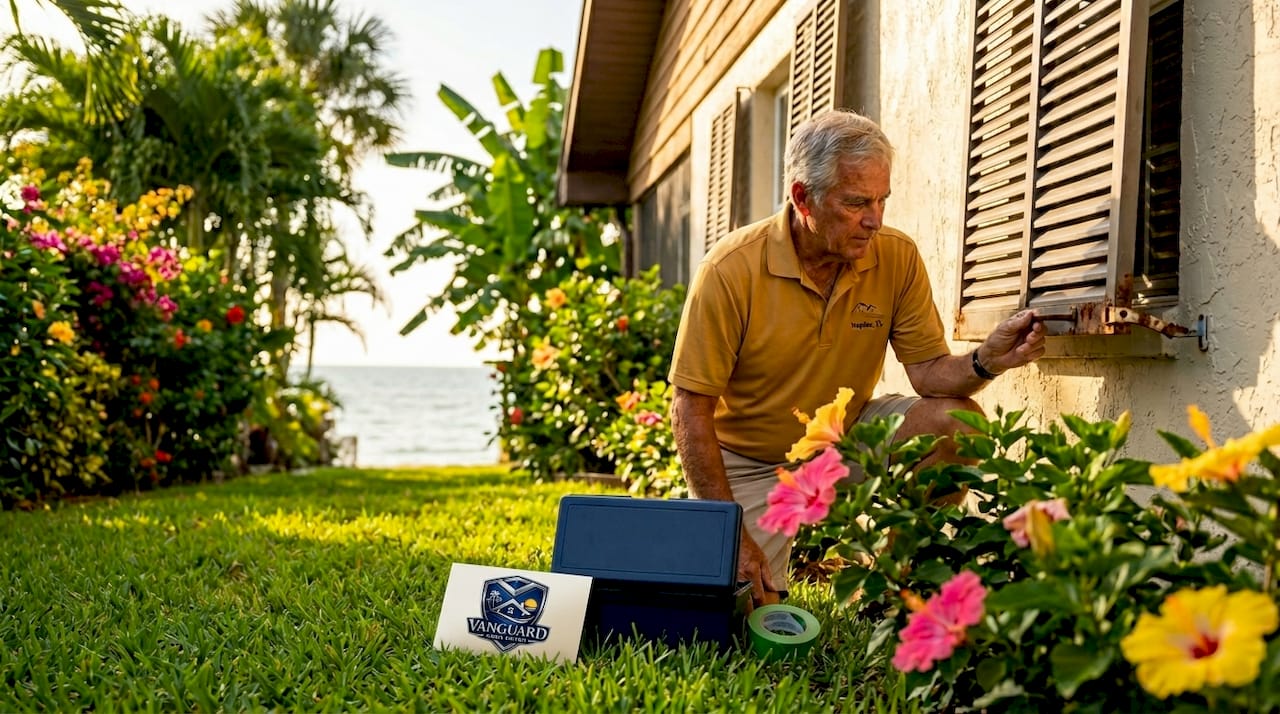 Man inspects coastal home hurricane shutters