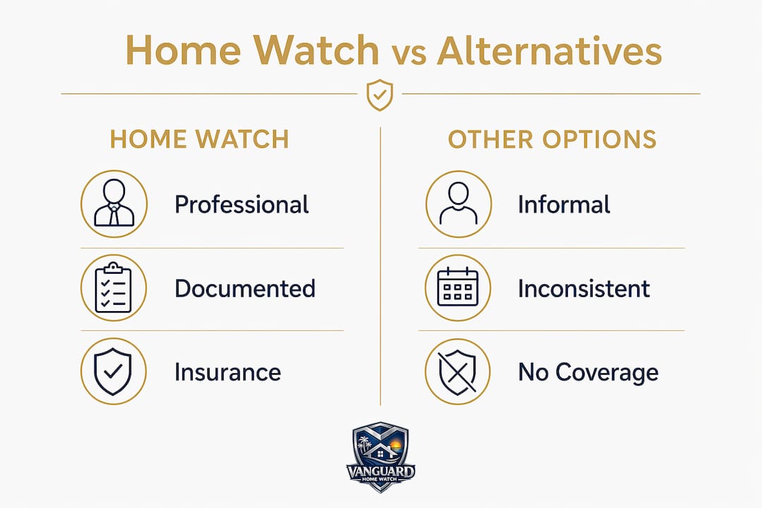 Why Snowbirds Hire Home Watch Services: A Clear Guide Comparison infographic of home watch services and alternatives