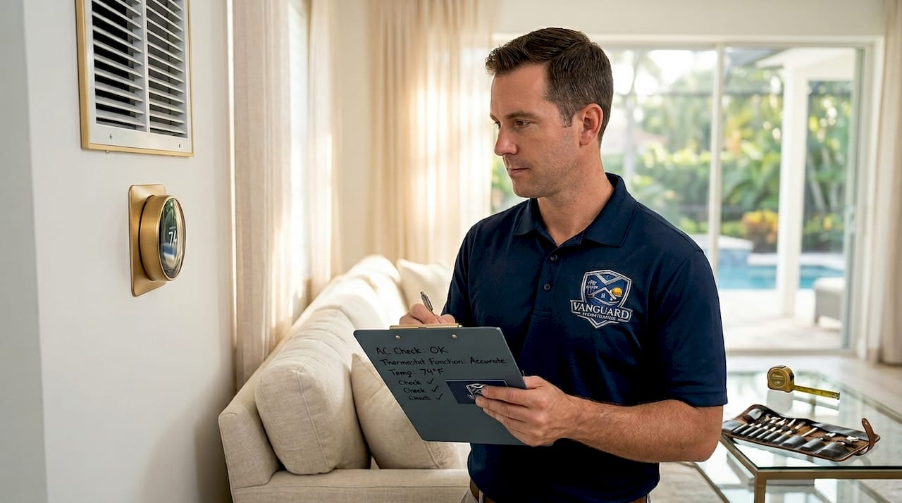 Southwest Florida Property Watch Explained for Homeowners Inspector checking air conditioning system indoors