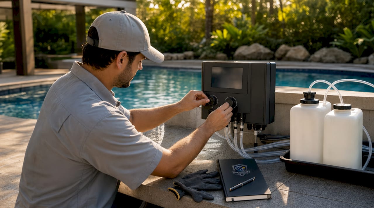 Pool Maintenance for Your Vacant Naples Home Hands adjusting pool chemical automation controls
