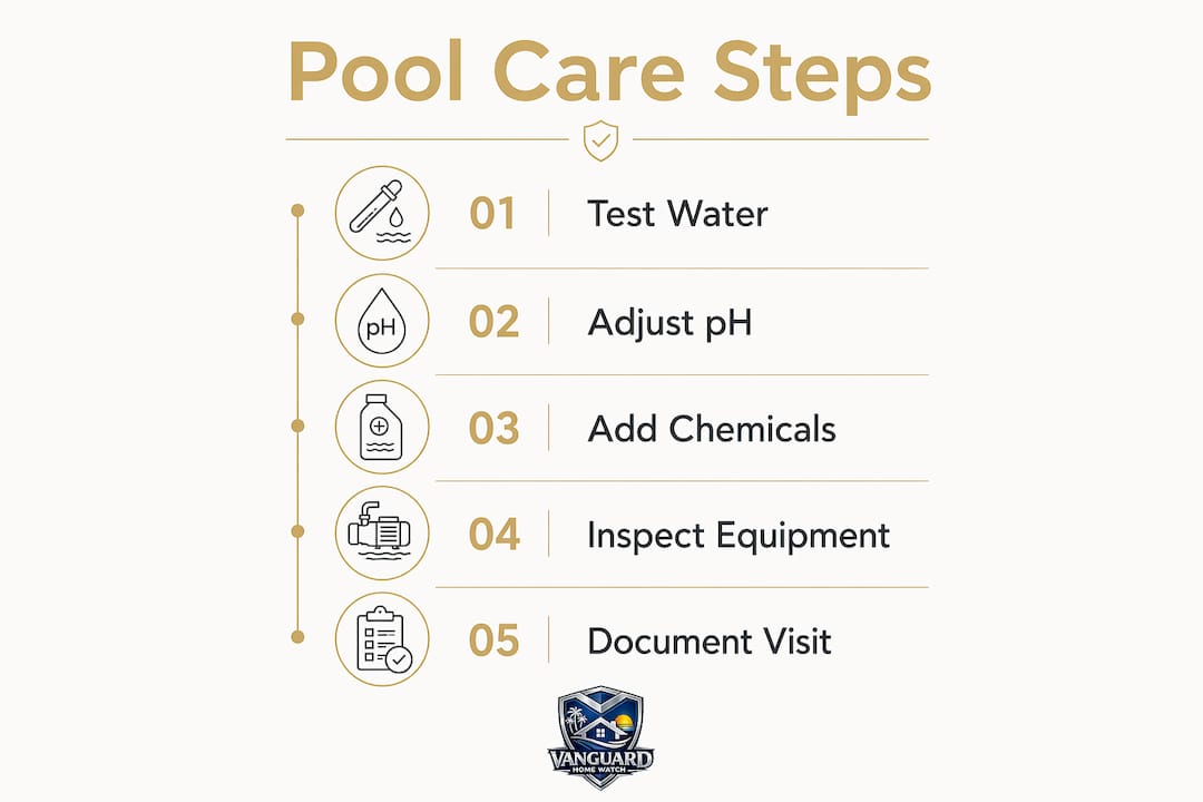 Pool Maintenance for Your Vacant Naples Home Infographic showing five key steps for vacant pool care