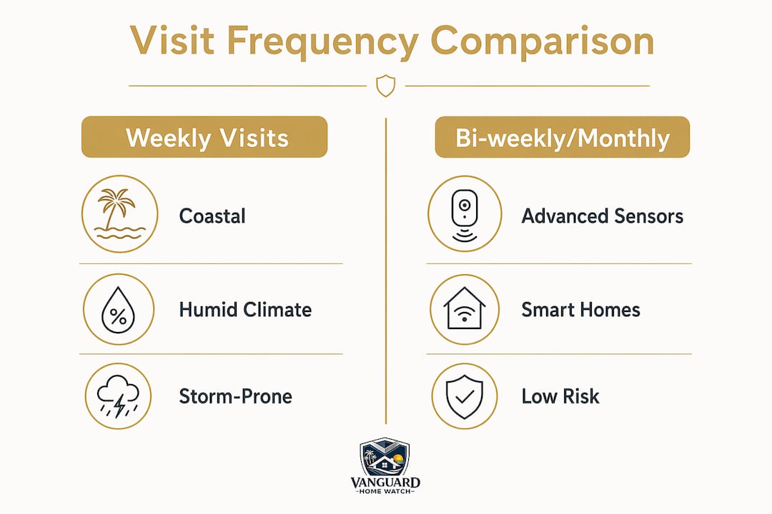 Home Watch Service Frequency Comparison: 2026 Guide Infographic comparing weekly vs. bi-weekly home watch visits