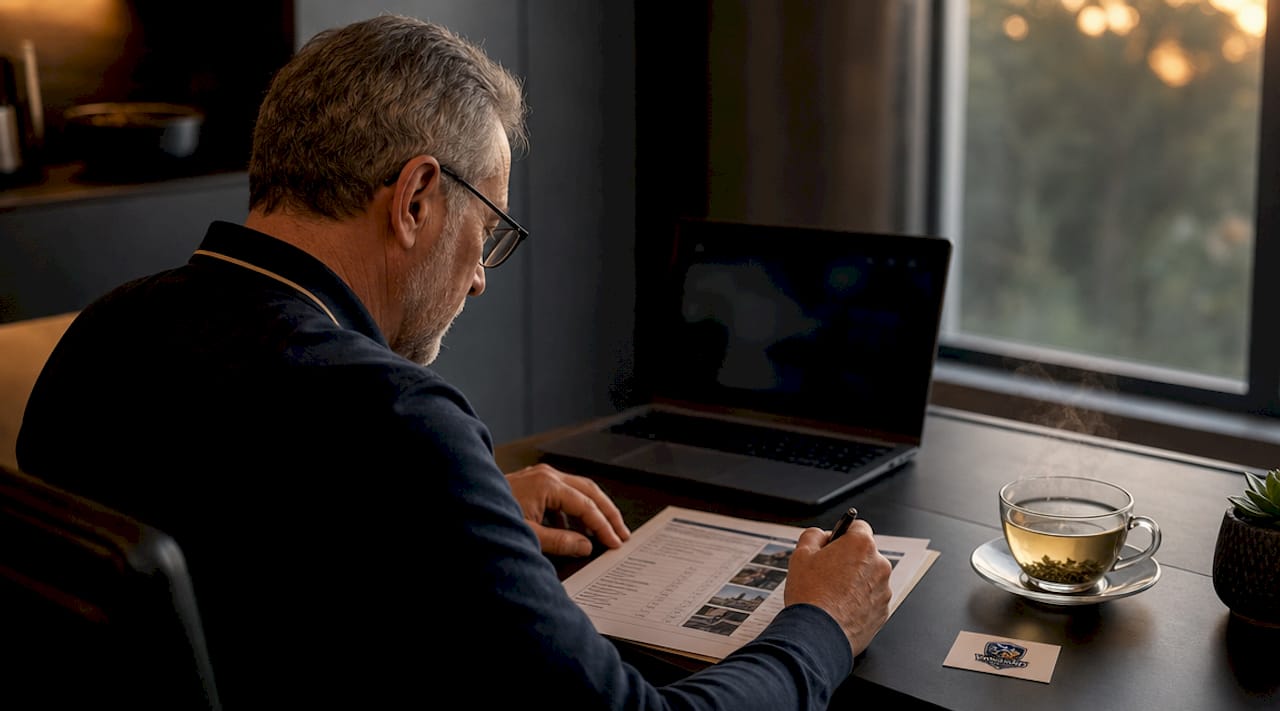 Home Watch Reporting Process Explained for Property Owners Man writing home watch inspection report notes