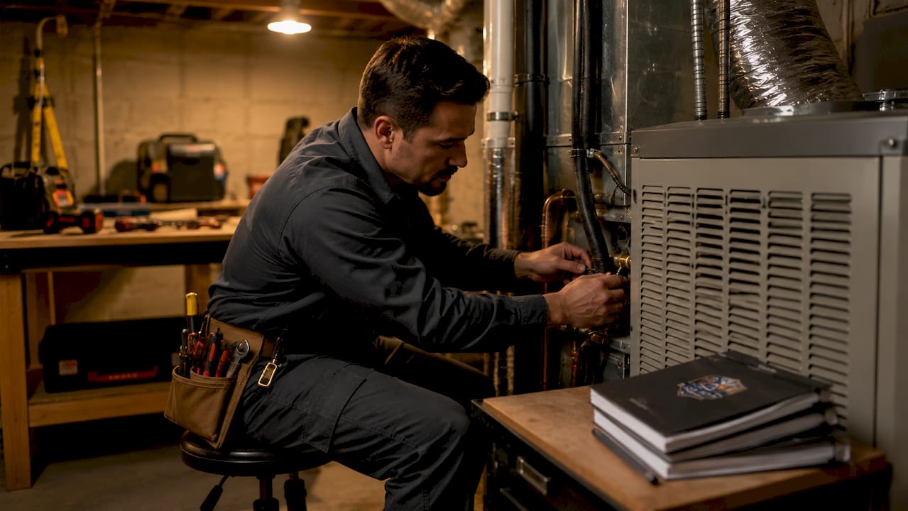 Technician inspecting air conditioning unit indoors