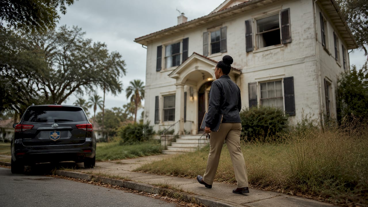 Why Absentee Owners Need Home Watch Services Home watch inspector approaching vacant house