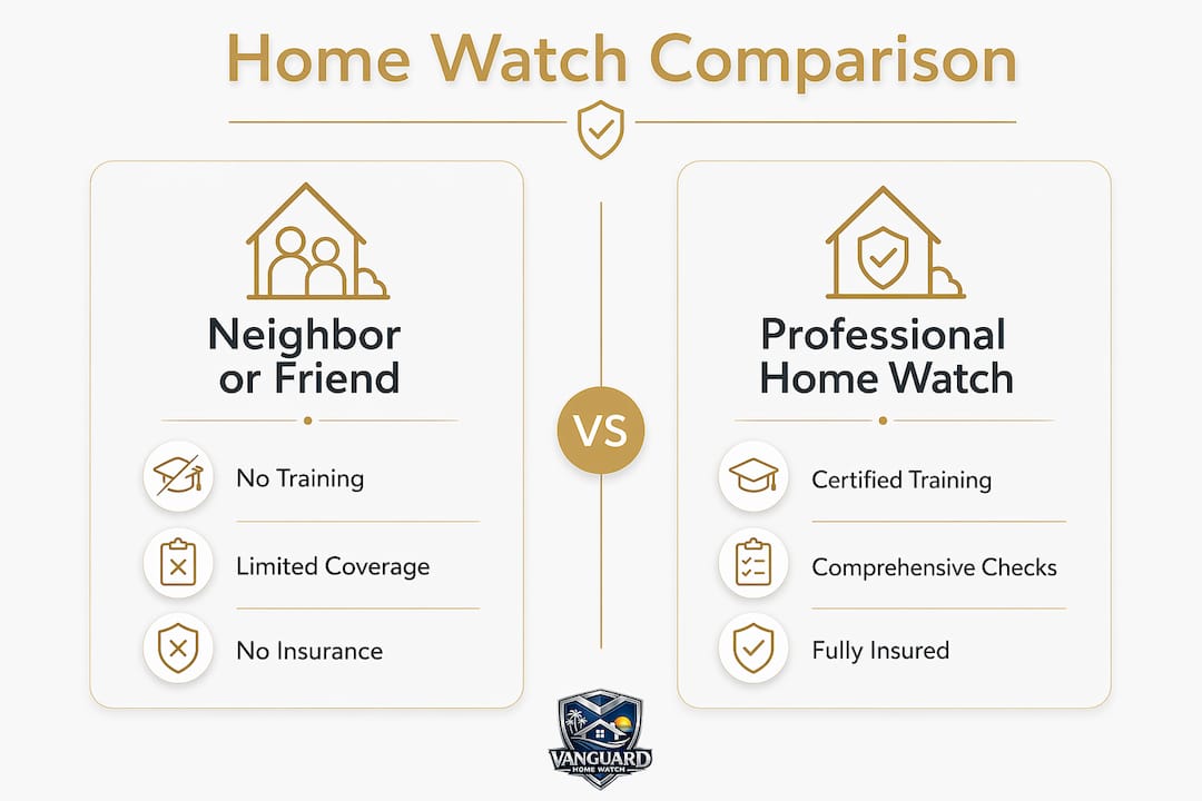 Home Watch During Hurricane Season: What to Know Infographic comparing professional and neighbor home watch