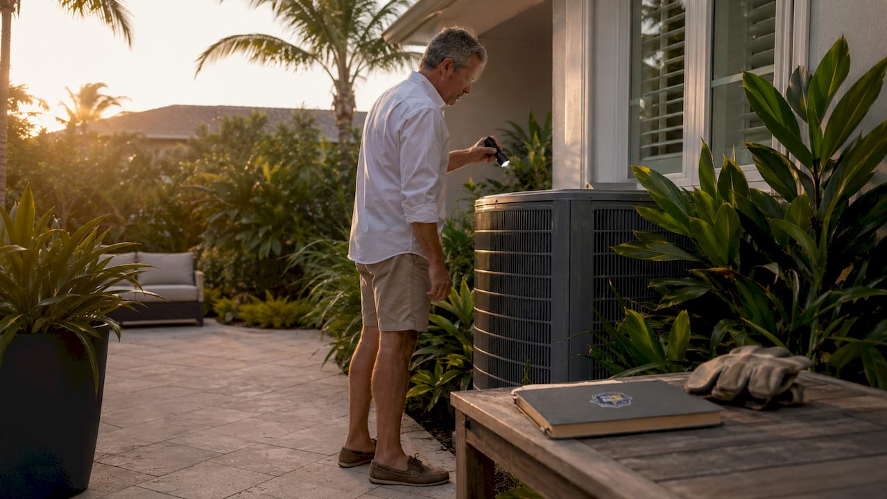 Background Checked Home Watch Company Benefits Explained Inspector examining HVAC unit during home watch visit