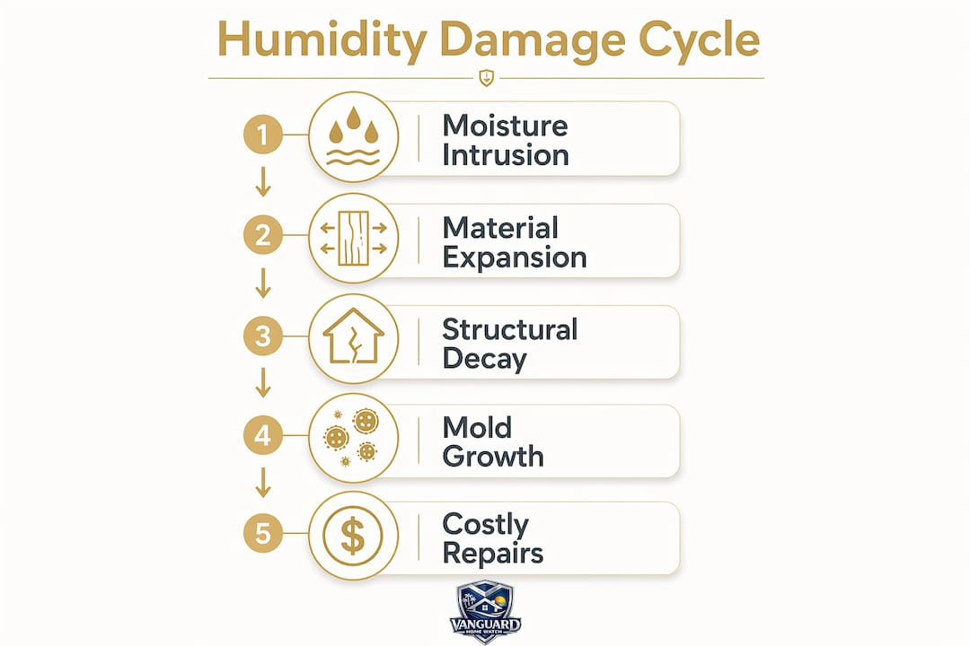 Why Naples Humidity Damages Homes: A 2026 Guide Infographic showing stages of humidity damage in homes