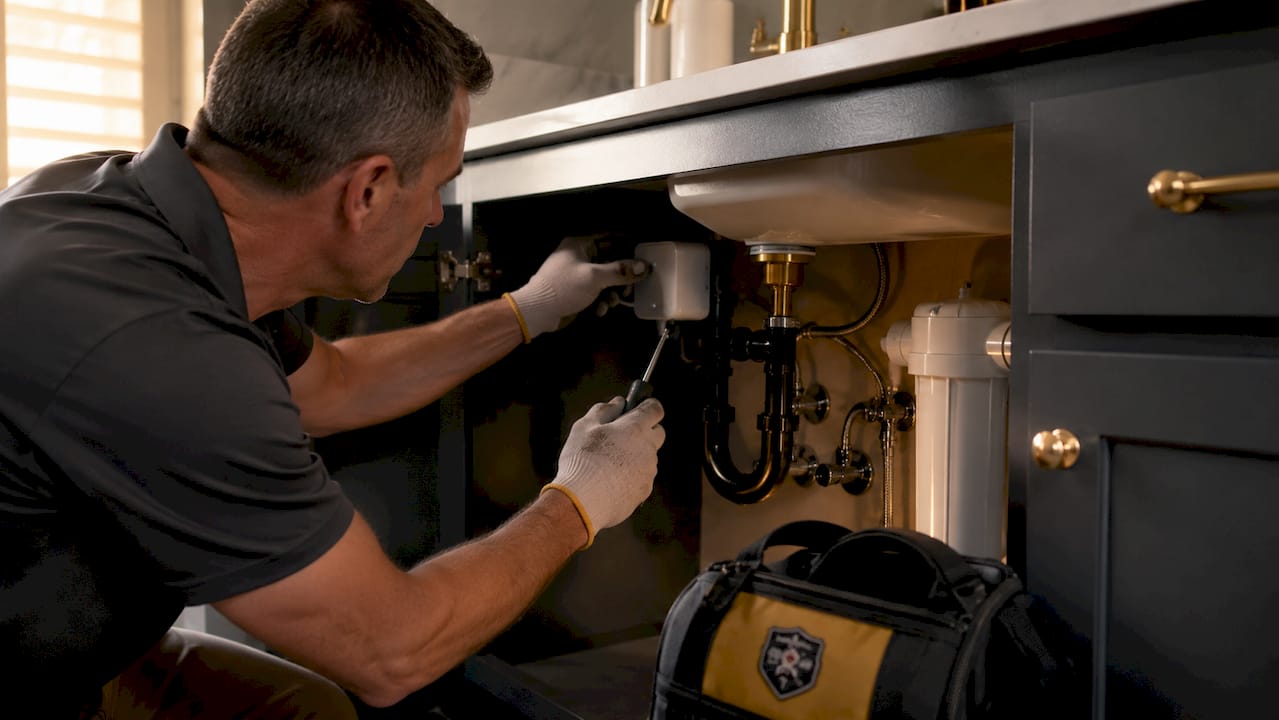 Vacant Home Inspection Checklist for Florida Owners Technician installing leak detector under sink