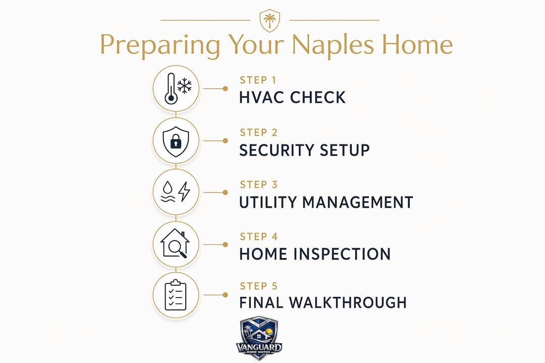 How to Prepare Your Naples Home Before Leaving Infographic outlining 5-step home preparation process