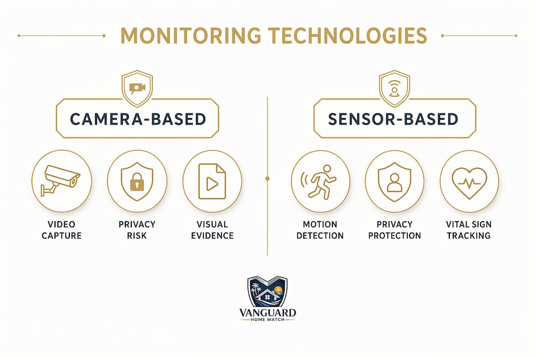 Discreet Home Monitoring Service: What You Need to Know Infographic comparing camera-based and sensor-based monitoring