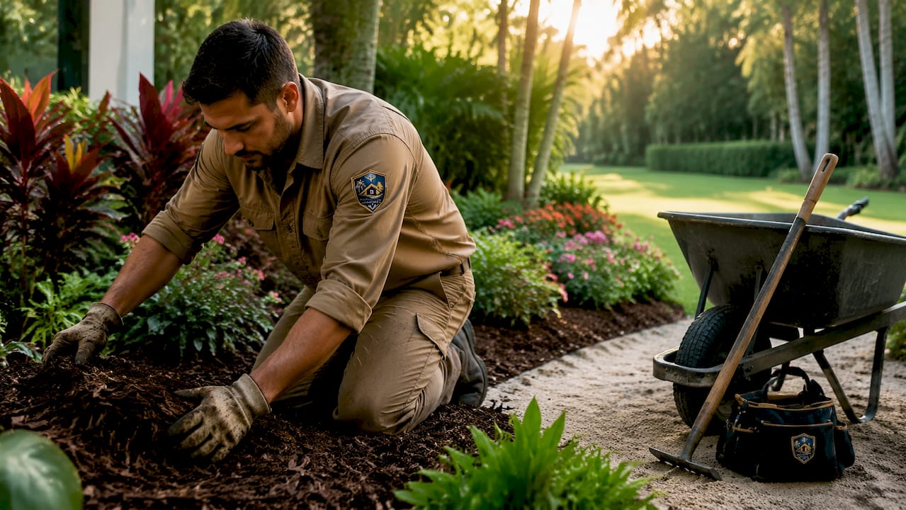 Landscape Care for Absentee Homeowners in Naples Landscaper spreading mulch around flower beds