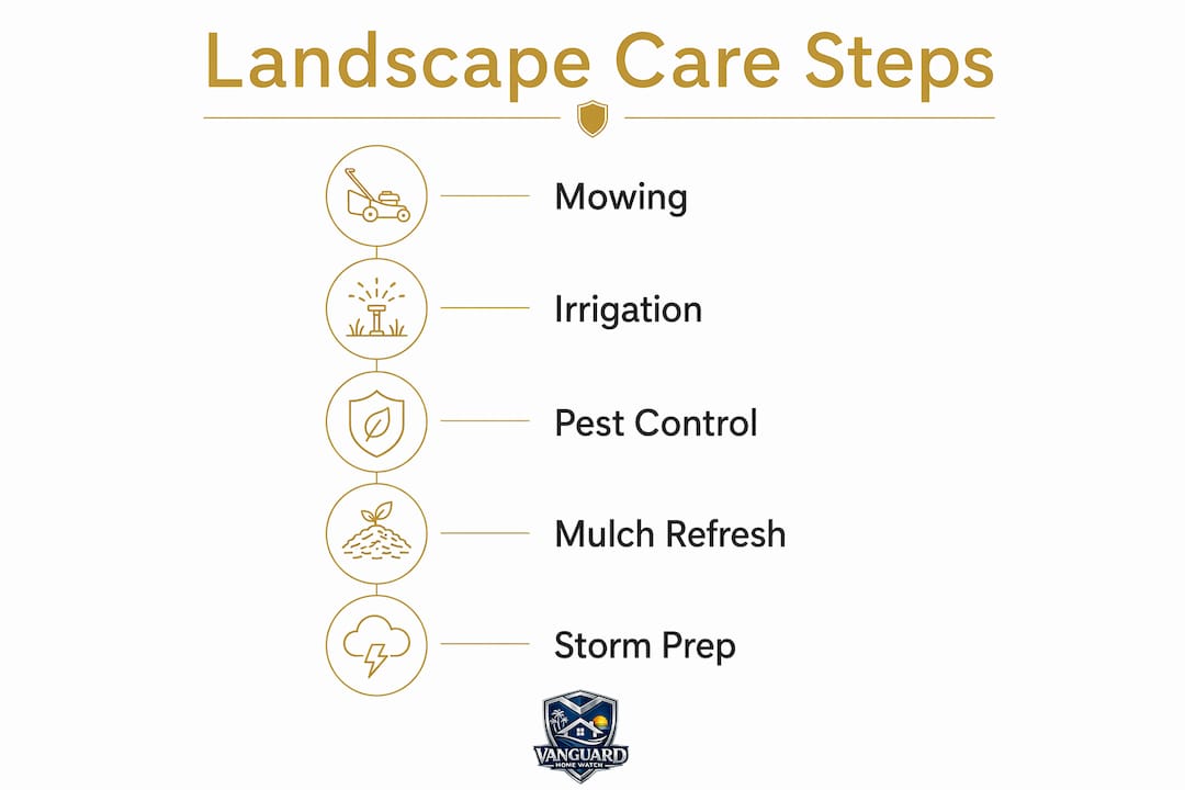 Landscape Care for Absentee Homeowners in Naples Infographic illustrating landscape care steps for absentee homeowners