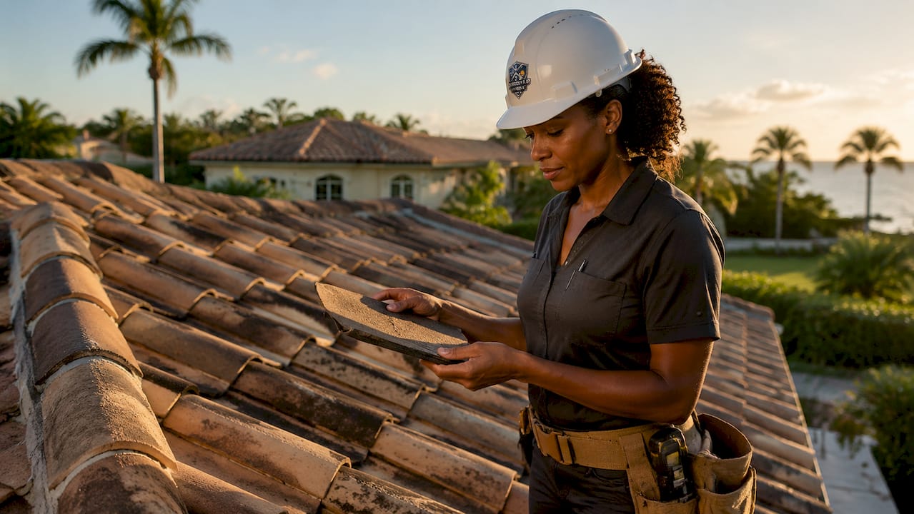 Storm Prep for Your Seasonal Home in Naples Contractor inspecting roof shingles on Naples home