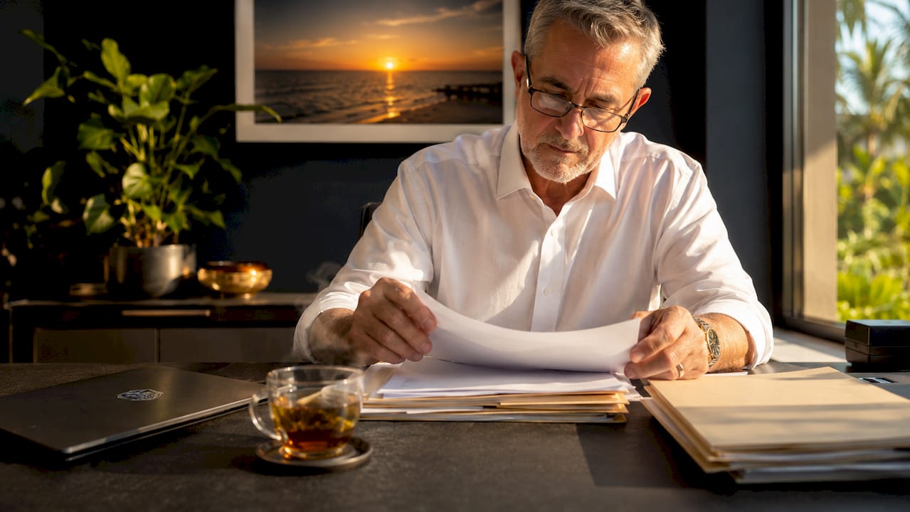 Man reviewing home watch insurance paperwork