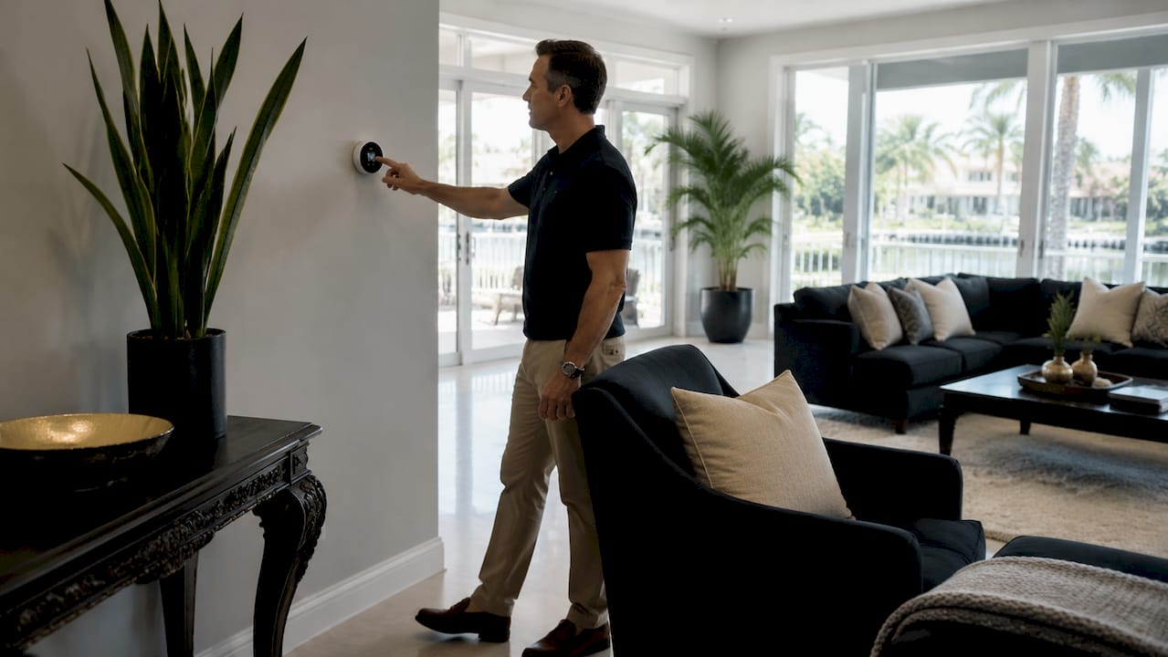Hands adjusting thermostat in Florida home living room