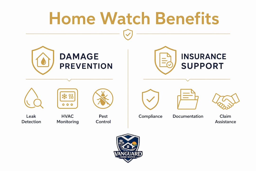 The Role of Home Watch During Extended Travel Infographic comparing home watch damage prevention and insurance support