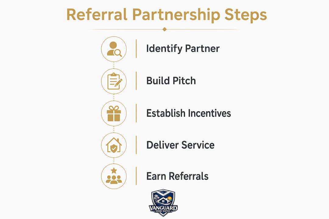 Infographic illustrating steps of successful home watch referral partnerships