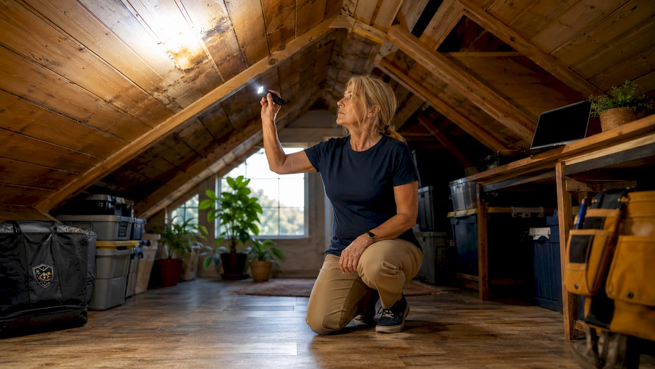 What Does Home Watch Include After a Storm? Woman inspecting attic ceiling for moisture