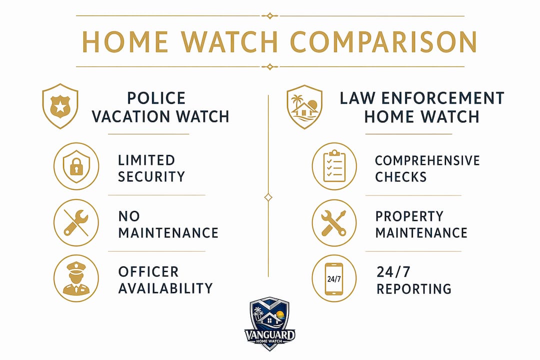 Law Enforcement Background in Home Watch: What Owners Need Infographic comparing police vacation watch and law enforcement home watch