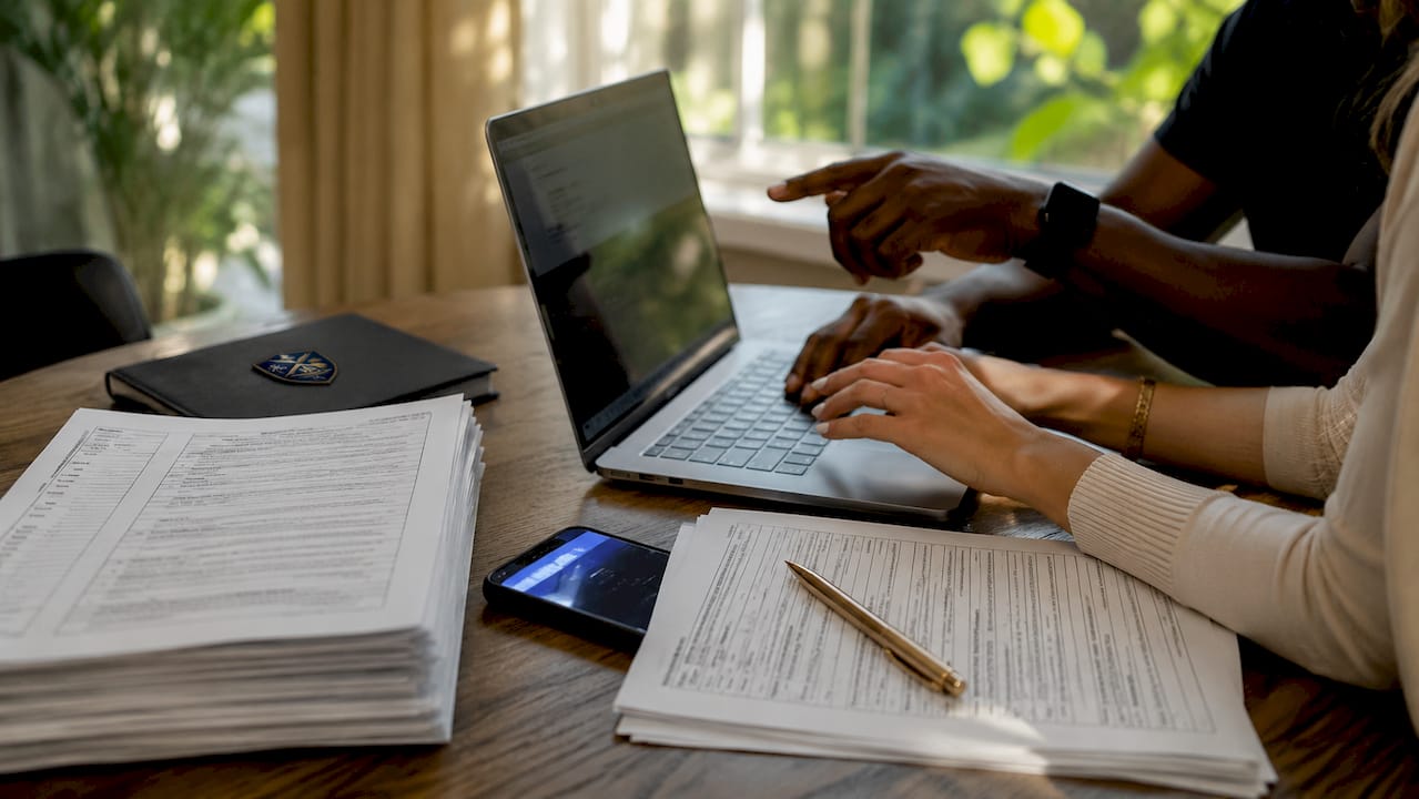 How to Coordinate Home Watch and Property Management Overhead view of hands using inspection software on laptop
